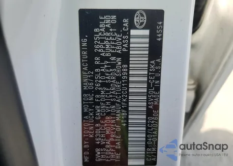 2012 Toyota Camry Base z USA, uszkodzony, nr VIN 4T1BF1FK2CU119988